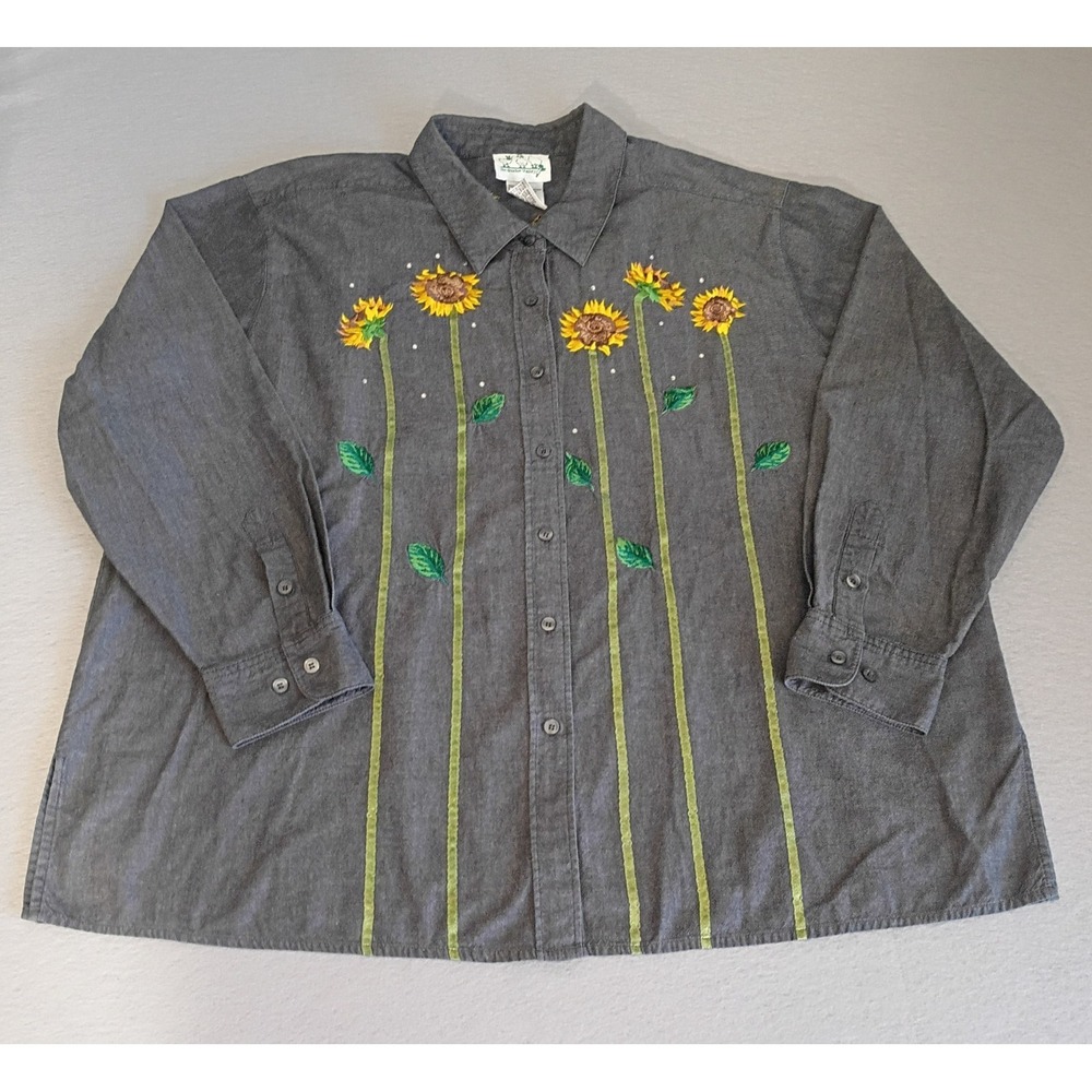 The QUACKER FACTORY Women's  Dark Gray Shirt Sunflower‎ Button Up 2X Summer/Fall